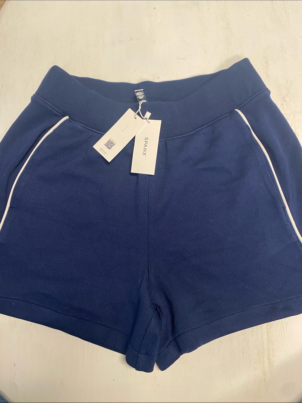 SPANX Navy Athletic Pull-On Shorts with White Piping